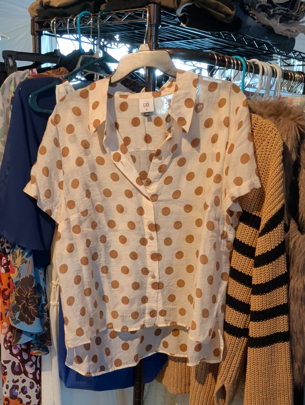 CAbi White Short-Sleeve Button Blouse with Tan Polka Dots